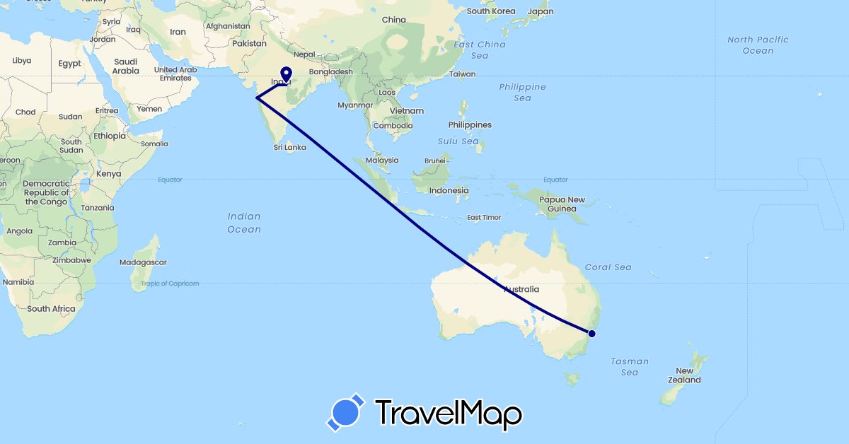 TravelMap itinerary: driving in Australia, India (Asia, Oceania)